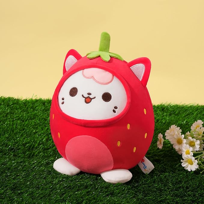 PEACH CAT Strawberry Cat Plush Pillow Cute Strawberry Kitten Stuffed Animal Cat plushie with Strawberry Outerwear for Kids Red 12"