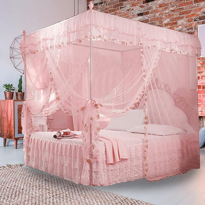 Luxury Princess 3 Side Openings Post Pink Bed Curtains,Four Corner Bedding Bed Canopy net for Bed Princess Bed Girls Room(No Bracket) (Pink)