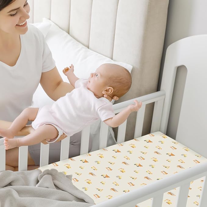 2-Pack Mini Crib Sheets Fitted, Pack and Play Sheets - Organic Cotton Pack N Play Sheets for Pack and Play Mattress, Playard Baby Crib Sheets, Jersey Crib Sheets Neutral for Boys, Girls (Construction)