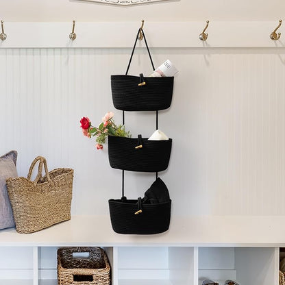 TeoKJ Over the Door Hanging Baskets with Button Strap, 3-Tier Woven Cotton Storage Organizer Bag, Wall-Mounted with Hook Decorative Hanging Nursery Baskets - Black