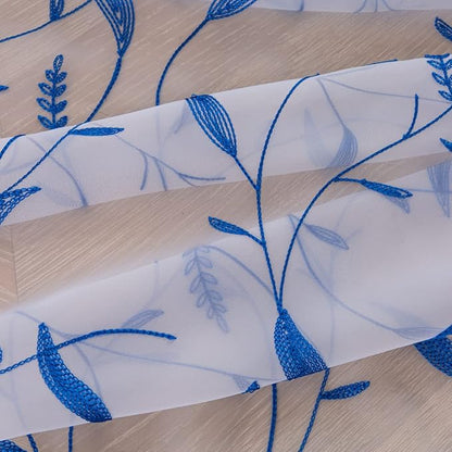 Windows Sheer Curtains Embroider Blue Leaf 90 Inches Length 2 Panels Voile Light Filtering Sheer Curtains Panel Basic Rod Pocket for Bedroom Living Room Children Room