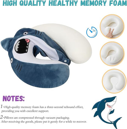 Kids Neck Pillow for Travel with Sleep Eye Mask, Cute Travel Neck Pillow, Memory Foam Cartoon Flight Sleeping Headrest Pillow for Boys & Girls, Airplane, Train, Car, Home Use - BigMouth Shark