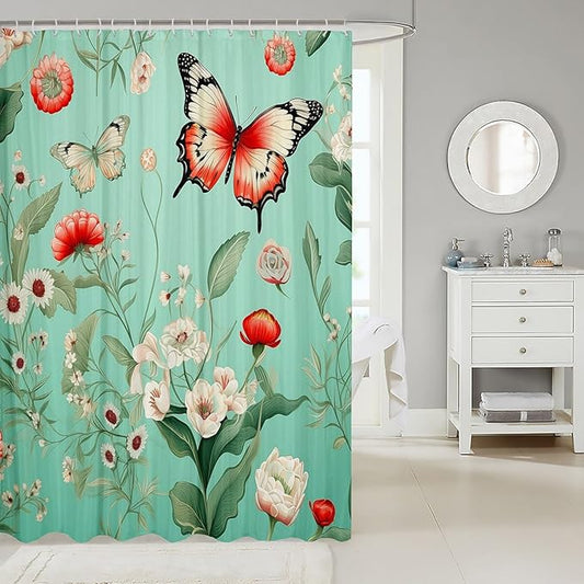 Feelyou Floral Flower Fabric Shower Curtain Red Butterfly Shower Curtain for Teens Green Bathroom Waterproof Accessories with 12 Hooks Flower Botanical Curtains,72x84 Inches