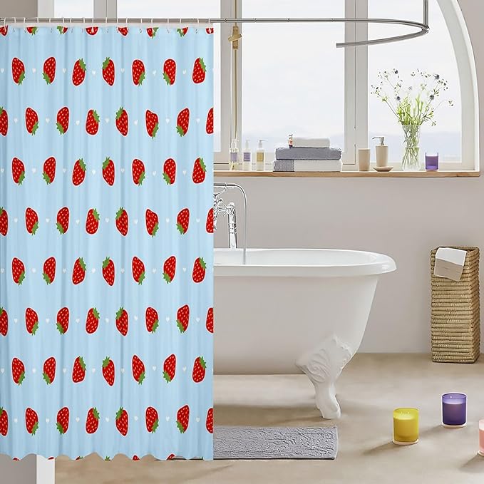 Feelyou Strawberry Fabric Shower Curtain Blue Shower Curtain for Kids Boys Girls Kawaii Fruit Bathroom Waterproof Accessories with 12 Hooks Cute Curtains,72x72 Inches