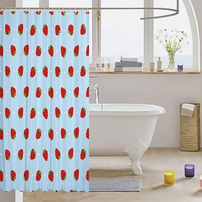 Feelyou Strawberry Fabric Shower Curtain Blue Shower Curtain for Kids Boys Girls Kawaii Fruit Bathroom Waterproof Accessories with 12 Hooks Cute Curtains,72x72 Inches