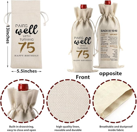 75th Birthday Gifts for Women Men, Gifts for 75 Year Old Man Woman Grandparents Wine Gift Bag, Wine Accessories Gifts Anniversary 75th Birthday Decorations Wine Bag Wine Bags for Wine Bottles Gifts