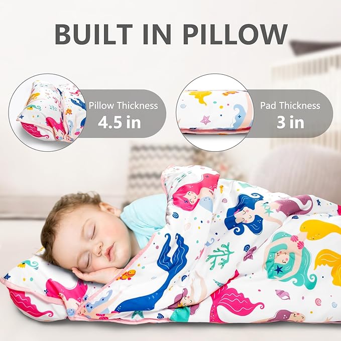 Nap Mat- Toddler Nap Mat with Pillow & Fleece Blanket- 55''*35''*3'' Nap Mat for Toddlers- Nap Mats for Preschool, Daycare
