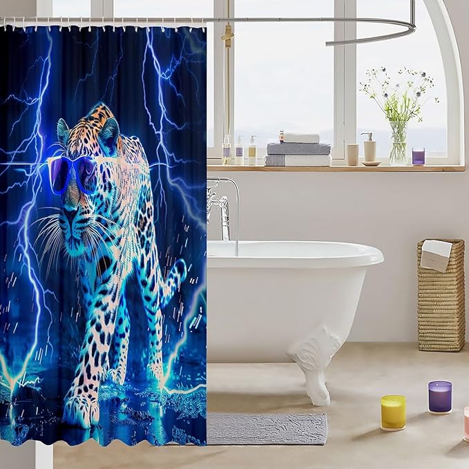 Feelyou Wild Animal Leopard Shower Curtain Leopard Bath Curtain Blue Leopard Bathroom Shower Curtain Set for Boys Girls Wild Leopard Kids Bathroom Accessories Wildlife 72"x84"