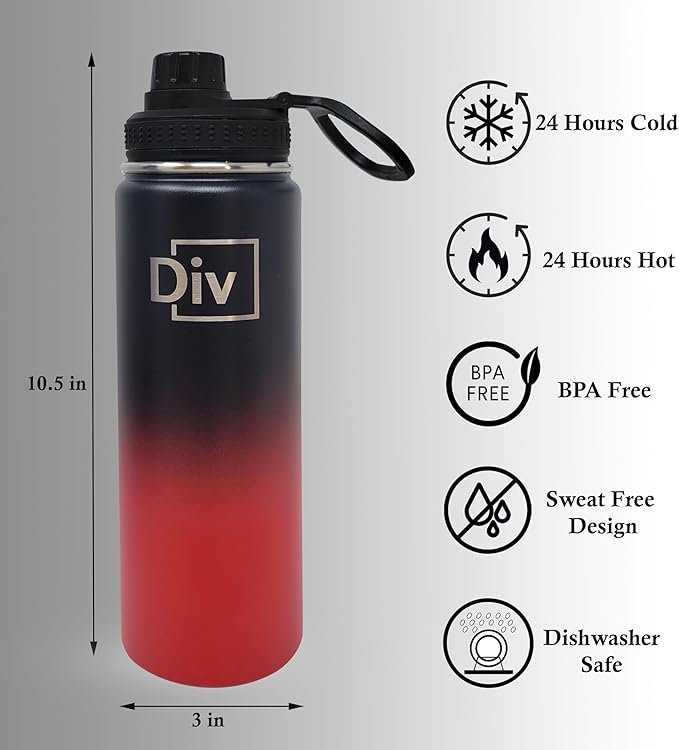Sports Water Bottle - 22 oz., 3 lids, Stainless Steel Gym & Sports Water Bottle, Leak Proof, Double Walled, Insualted, Thermos Flask (Yellow-Blue)