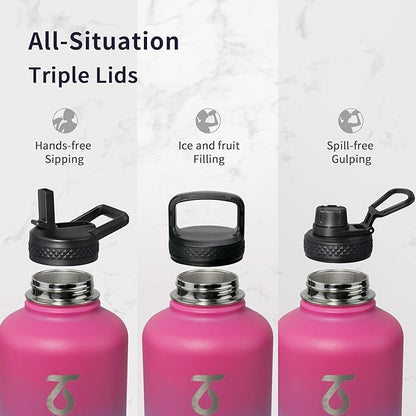 Water Bottle 64oz with Paracord Handle, Trebo Half Gallon Double Wall Vacuum Stainless Steel Insulated Jug with Straw Spout Handle Lids, Leakproof Water Flask Keep Cold Hot Thermo Canteen Mug,Rose Red