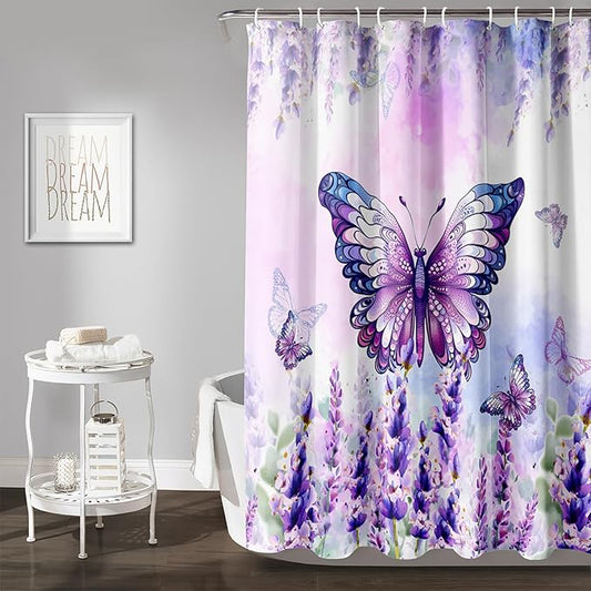 AILONEN Girls Butterfly Shower Curtain for Bathroom,Purple Blooming Lavender Flower Floral Butterfly Printed Bath Curtain 72" W*84" H Polyester Fabric Waterproof Bathroom Curtain with 12 Hooks