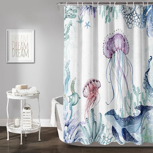 AILONEN Cartoon Jellyfish Shower Curtain for Bathroom Teal Blue Ocean Beach Coastal Bath Curtain Decor 72" W*84" H Polyester Fabric Waterproof Bathroom Curtain with 12 Hooks