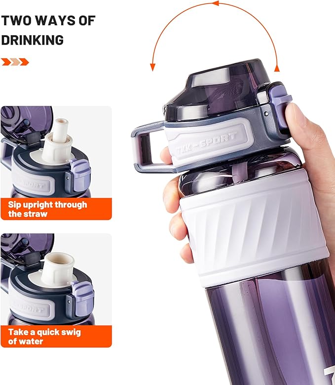 TKK 20oz Sports Water Bottles with Removable Straw Durable BPA Free Tritan Bottles Leak-Proof Water Bottles for School, Fitness, Gym, Outdoor, Purple