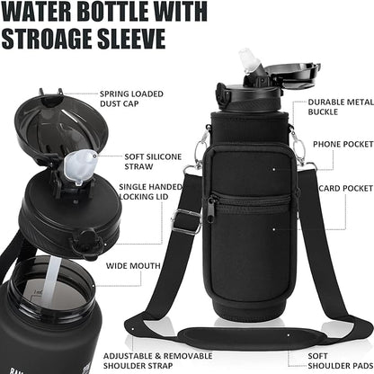 Fimibuke 32 oz Water Bottle with Sleeve - BPA Free Leakproof Sport Large 1L Plastic Motivational Water Bottle with Straw Strap & Insulated Neoprene Holder Carrier Bag Great Xmas Gift for Women Men