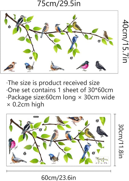 Hummingbird on The Tree Branch Wall Sticker, Colorful Birds Green Tree Decals, Removable Green Leaf and Flying Bird DIY Art Wall Decal for Garden Living Room Bedroom Kitchen Nursery Room