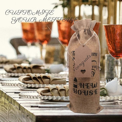GIFTED LUGAR New House Gift Wine Bag, House Warming Presents for Women, Welcome to the Neighborhood Gift, Housewarming Gifts for Men, W/Drawstring & Tag (Jute Wine Bag) (2 pcs)