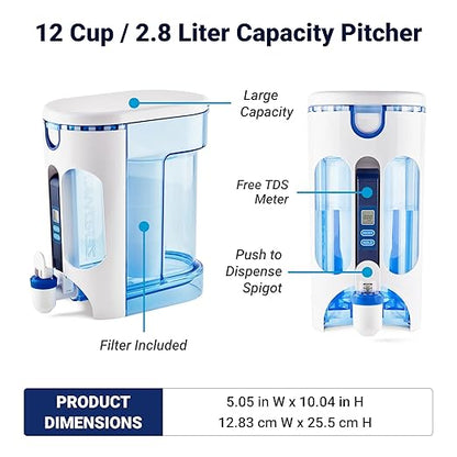 ZeroWater 12-Cup Ready-Read 5-Stage Water Filter Pitcher – 0 TDS for Improved Tap Water Taste - IAPMO Certified to Reduce Lead, Chromium, and PFOA/PFOS