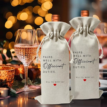 Wedding Officiant Gift Wine Bag, Ordained Minister and Pastor Appreciation Gift, Engagement Gift, Engagement Party Supply Favor, Officiant Gift Idea, Proposal Gift, Cotton Linen Wine Bag