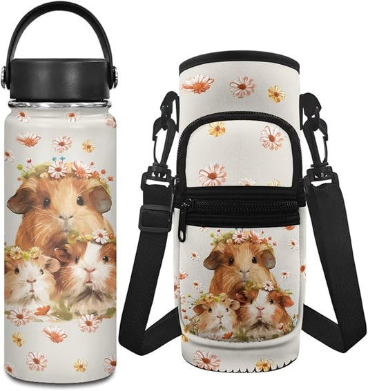 Hamster Insulated Water Bottle with Handle Lid 20 OZ Water Bottle for Girls 7-9 Water Bottle Holder Pouch Adjustable Strap Hot Water Bottle