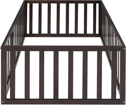 Twin Size Floor Bed with Fence, Solid Wood Floor Bed Frame for Kids with Door, Twin Platform Bed for Boys and Girls Kids Teens, Fun Design Multifunctional Floor Bed, for Children Bedroom