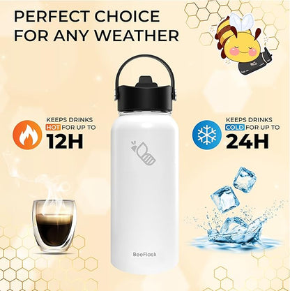 Sports Water Bottle - 32 Oz, Includes 50 Cute Flask Stickers, 3 Lids (With straw), Vacuum Insulated, 308 Stainless Steel, with a Portion of Sales Supporting Bee Conservation | White