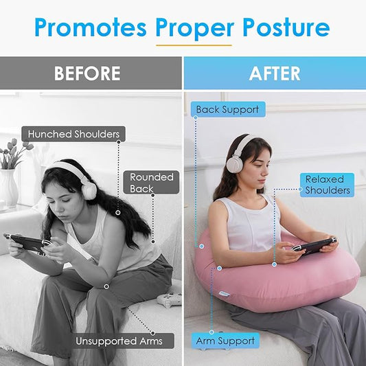 QUEEN ROSE Reading Pillow for Gaming, Lap Desk Pillow for Sitting in Bed or Sofa, Compact Arm Support Pillow for Reading, Playing or Crocheting, Cooling Pink