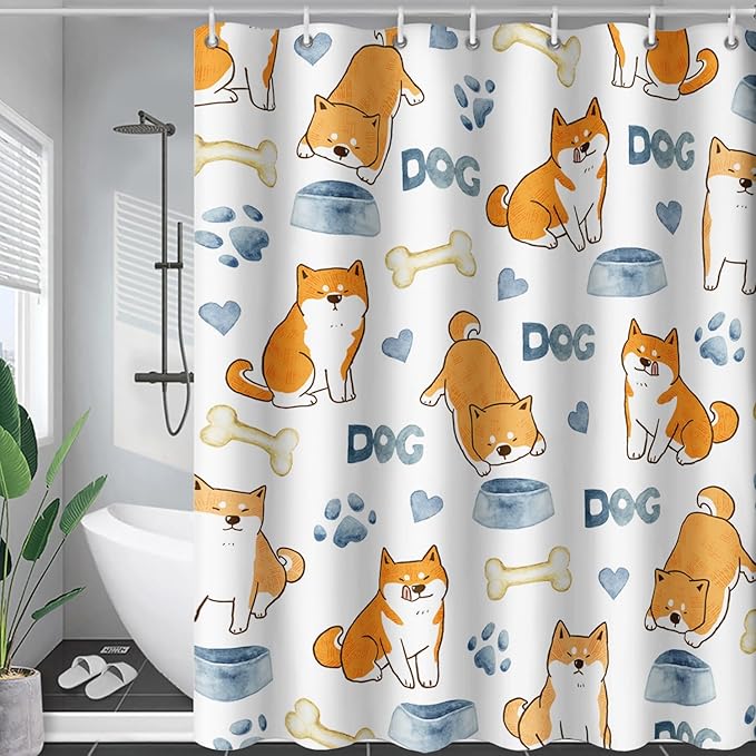 AILONEN Cute Dog Shower Curtain, Cartoon Shiba Inu Dog Bath Curtain,Pet Dog Paw Print Dog Lover Minimalist White Waterproof Curtain with 12 Plastic Hooks(36" W*72" H)