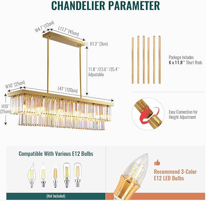 Siljoy 12-Light Modern Crystal Chandelier Gold Rectangular K9 Crystal Raindrop Chandelier, Luxury 2-Tiers Adjustable Ceiling Pendant Light Fixture for Dining Room Kitchen Island, L47'' x W10'' x H10''