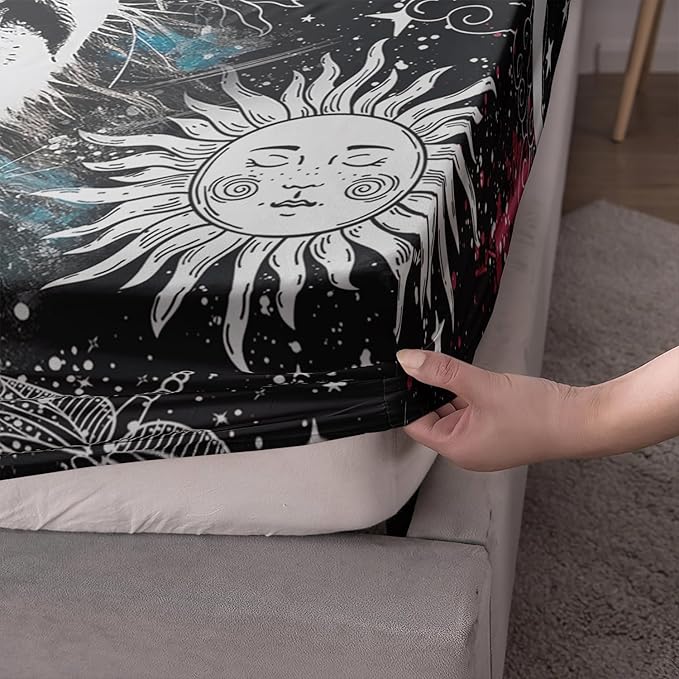 AILONEN Lion Print Twin Size Fitted Sheet Set for Boys, Sun and Moon Bed Sheet Cover Set Twin,3 Pieces Black and White Sheet Set Twin Galaxy Lion Fitted Sheet with 2 Pillowcases