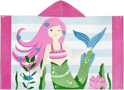 BANGSAUR Kids Hooded Beach Bath Towels, 100% Cotton 50x30 inches Towel Wrap, Toddlers Girls 3-12 Years Coverup Pink Hair Mermaid