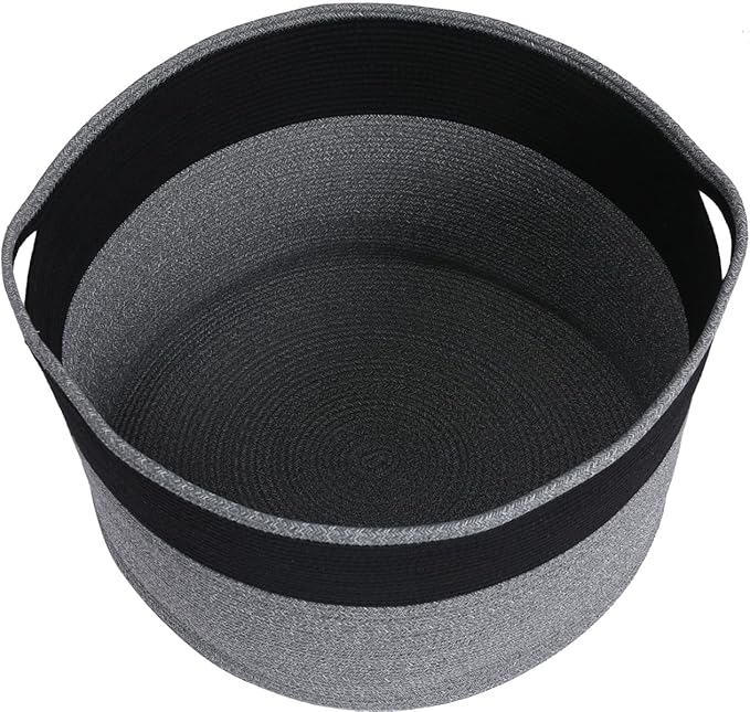 24" x 24" x 17" Max Size Large Cotton Rope Basket, Extra Large Storage Basket, Woven Laundry Hamper, Cloth Storage Bin, for Blankets Clothes Towels Pillows in Living Room, Black in Grey Mix