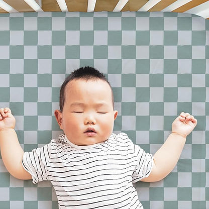 The Peanutshell Organic Crib Sheets for Boys or Girls, Breathable Super Soft 100% Jersey Cotton, Checkered Baby Items, Gender Neutral Nursery Bedding, 4 Pack Set for 28x52 Mattresses, Brown Beige Teal
