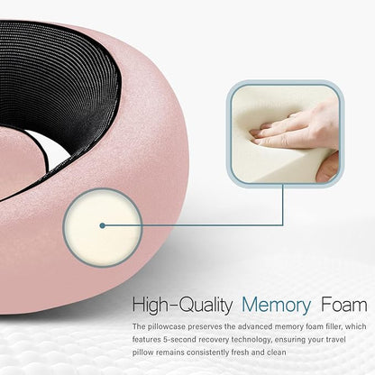 PORTHOLIC 2024 Upgraded Travel Neck Pillow with Buckle,100% Pure Memory Foam Travel Neck Pillow for Airplane Travel Flight Headrest Sleep, Portable Plane Accessories (Pink)