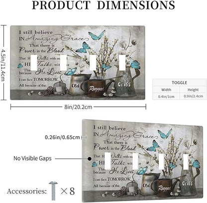 Blue Butterfly Rustic Flower Inspirational Quotes Quad Toggle Light Switch Covers 4 Gang Wall Plate Decorative Switchplate Electrical Faceplate for Farmhouse Country Bedroom Kitchen Decor