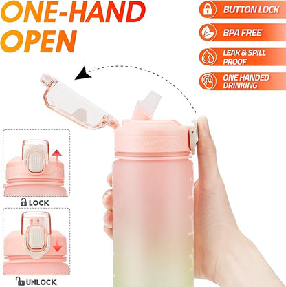 Motivational Water Bottle with Time Marker- 32oz Water Bottles with Times to Drink, Leakproof & BPA Free Sports Water Bottle with Straw & Carry Strap for Fitness, Gym, and Outdoor Sports