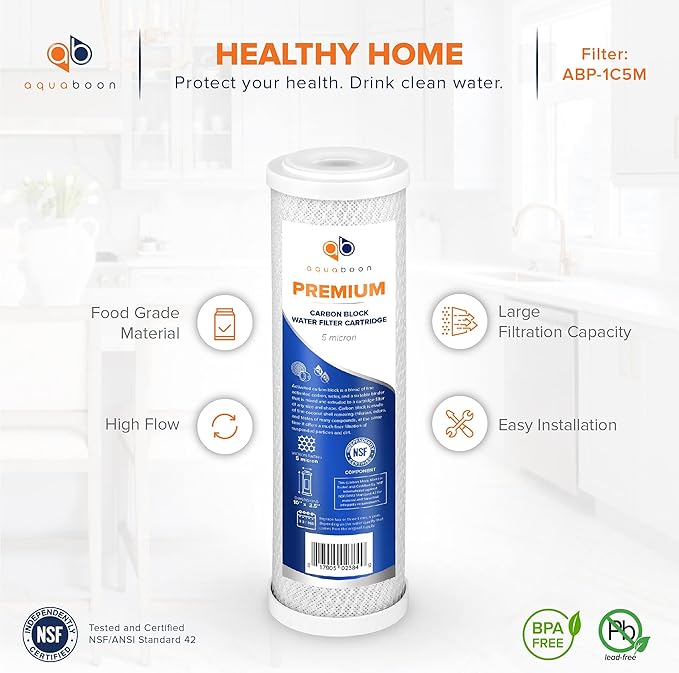 Aquaboon 5 Micron Water Filter 10 x 2.5 - Premium Carbon Block Water Filter - Carbon Water Filter Cartridges - Whole House Water Filter Cartridge Replacement Compatible with FXWTC, WFPFC8002, 25 Pack