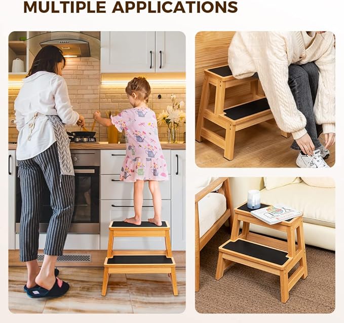 StrongTek 17 Inch Tall Wooden Two Step Stool for Adults & Kids, Versatile as Kitchen Step Stool, Bedside Step Stool, Closet Step Stool, Anti-Slip Surface for Safety & Stability, 500lbs Capacity