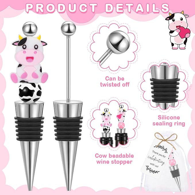 Gisafai 24 Set Cow Beadable Wine Stoppers Thank You Wedding Favors for Guests Decorative Beaded Wine Bottle Stopper with Cow Beads Organza Bag Tag for Wedding Cow Party Favor Baby Shower Gifts