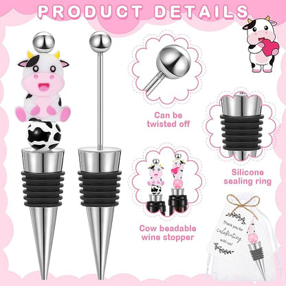 Gisafai 24 Set Cow Beadable Wine Stoppers Thank You Wedding Favors for Guests Decorative Beaded Wine Bottle Stopper with Cow Beads Organza Bag Tag for Wedding Cow Party Favor Baby Shower Gifts
