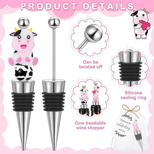Gisafai 24 Set Cow Beadable Wine Stoppers Thank You Wedding Favors for Guests Decorative Beaded Wine Bottle Stopper with Cow Beads Organza Bag Tag for Wedding Cow Party Favor Baby Shower Gifts