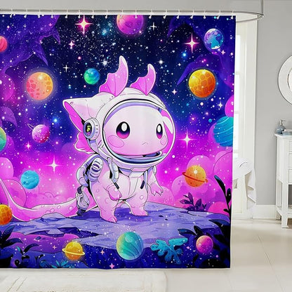 Cartoon Axolotl Kids Shower Curtains,Starry Sky Galaxy Outer Space Planet Bathroom Curtains for Girls Boys,Cute Salamander Astronaut Purple Chic Waterproof Curtains,12 Hooks Suits,72"W x 84"L