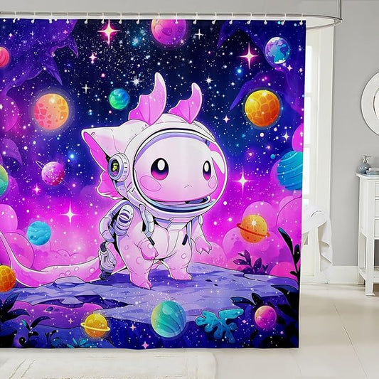 Cartoon Axolotl Kids Shower Curtains,Starry Sky Galaxy Outer Space Planet Bathroom Curtains for Girls Boys,Cute Salamander Astronaut Purple Chic Waterproof Curtains,12 Hooks Suits,72"W x 84"L