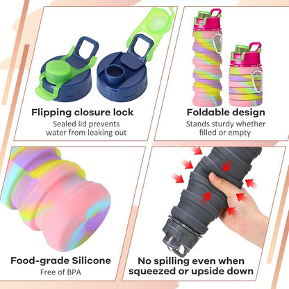 Sunnyray 14 Pack Collapsible Water Bottles 17oz Silicone Portable Water Bottle Bulk Foldable Leak Proof Water Bottle Reusable Camouflage Sports Bottles with Clip for Travel Hiking Camping Outdoor