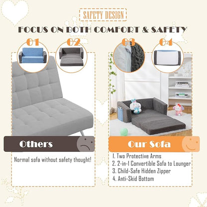 Baby Toddler Sofa Couch for Kids Extra Wide 2-in-1 Toddler Sherpa Fold Out Couch Bed for Playroom, Pull Out Children Convertible Sofa to Lounger for Boys and Girls with Double Pockets, Grey-Blue