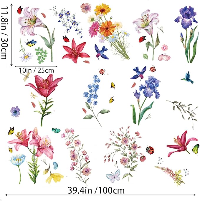 Garden Flower Wall Decals Lily Daisy Butterfly Dragonfly Bird Wall Stickers, Spring Window Clings for Glass Windows Living Room Bedroom Kitchen Wall Decor