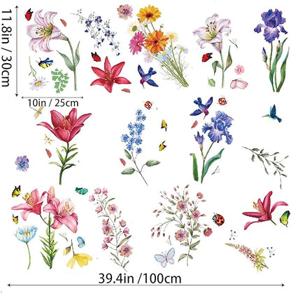 Garden Flower Wall Decals Lily Daisy Butterfly Dragonfly Bird Wall Stickers, Spring Window Clings for Glass Windows Living Room Bedroom Kitchen Wall Decor