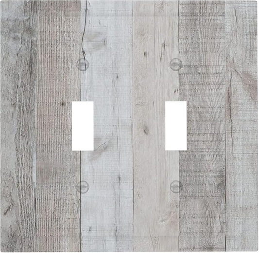 Rustic Grey Wood Shiplap Double Toggle Light Switch Cover Decorative Vintage Country 2 Gang Wall Plate Electrical Faceplate Switchplate for Farmhouse Bathroom Bedroom Livingroom Kitchen Decor