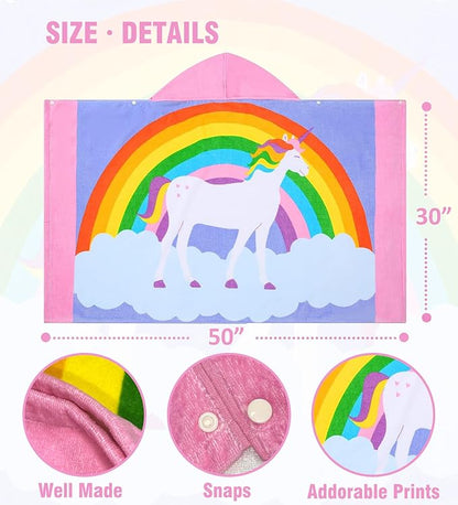 Toddler Bath Towel Hooded - Cotton Kids Beach Towel 30"x50" for Ages 3 to 10, Soft Terry Poncho Towel as Pool Swim Cover Ups for Girls Boys (Rainbow Unicorn Pink)