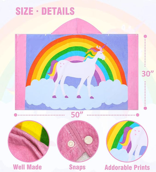 Toddler Bath Towel Hooded - Cotton Kids Beach Towel 30"x50" for Ages 3 to 10, Soft Terry Poncho Towel as Pool Swim Cover Ups for Girls Boys (Rainbow Unicorn Pink)