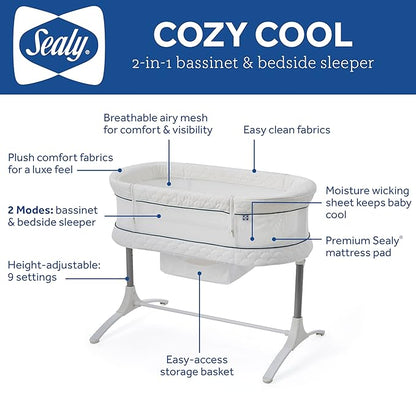Sealy Baby Cozy Cool Breathable Airy 2-in-1 Baby Bassinet & Bedside Sleeper, Bedside Bassinet for Baby, Cooling, Height Adjustable, Stand-Alone or Bedside Sleeper, Drop-Down Panel for Easy Access